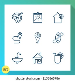 Modern, simple vector icon set on gradient background with play, frame, faucet, wooden, musical, tap, boat, navigation, house, favorite, apartment, water, drink, route, estate, photo, road, sink icons