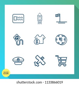 Modern, simple vector icon set on gradient background with flight, joy, captain, england, trolley, business, price, cart, kite, navy, fun, aircraft, uk, beach, gambling, london, luck, big, plane icons