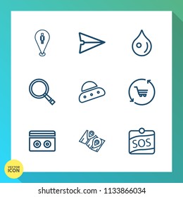 Modern, simple vector icon set on gradient background with message, magnifying, spaceship, glass, smartphone, send, navigation, technology, sound, shop, label, email, communication, stereo, drop icons