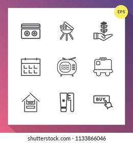 Modern, simple vector icon set on gradient background with bbq, cooking, cassette, tree, life, barbecue, schedule, television, travel, seedling, grill, sound, retro, hygiene, audio, web, luggage icons
