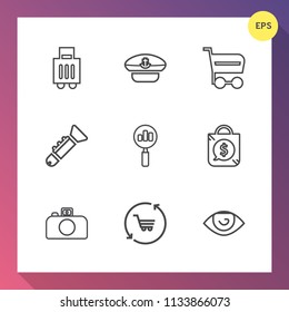 Modern, simple vector icon set on gradient background with bugle, tourism, sound, sailor, captain, bag, sea, music, eye, trolley, journey, hat, price, find, tag, store, cart, magnifying, market icons
