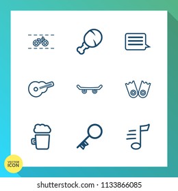 Modern, simple vector icon set on gradient background with transport, bicycle, melody, bar, sound, white, leg, pub, meat, security, transportation, music, house, food, pedal, skater, message icons