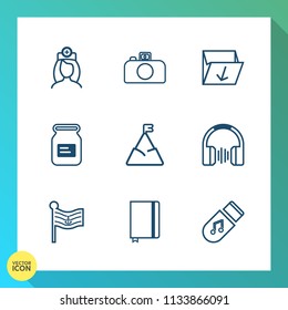 Modern, simple vector icon set on gradient background with flag, audio, camera, storage, nurse, care, metal, female, garbage, healthcare, waste, rubbish, woman, digital, paper, america, health icons