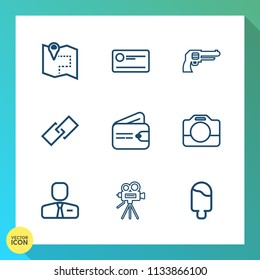 Modern, simple vector icon set on gradient background with map, revolver, link, payment, tripod, job, weapon, gps, movie, war, people, road, navigation, dessert, sweet, video, credit, retro, pin icons