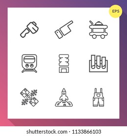 Modern, simple vector icon set on gradient background with hotel, train, launch, axe, tool, saw, satellite, space, screwdriver, clothing, direction, pliers, travel, medical, drink, white, repair icons