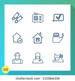 Modern, simple vector icon set on gradient background with water, house, hot, engineer, person, antenna, radio, steam, price, kitchen, builder, talk, watch, sew, service, wireless, machine, real icons