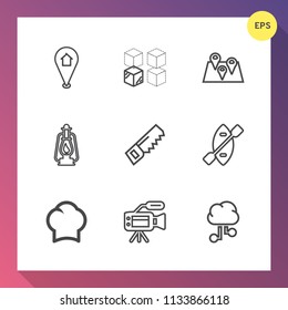 Modern, simple vector icon set on gradient background with video, uniform, location, internet, navigation, adult, saw, food, lamp, road, chef, sign, communication, vintage, camera, lantern, cook icons