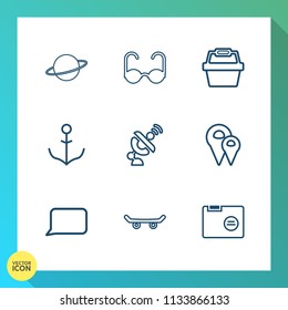 Modern, simple vector icon set on gradient background with office, skateboard, speech, astronomy, wheel, science, white, paper, travel, skater, extreme, file, blank, map, planet, space, fashion icons