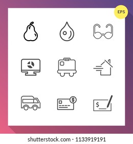 Modern, simple vector icon set on gradient background with template, move, sun, white, bag, baggage, chart, pen, water, fresh, juicy, money, luggage, rent, estate, business, bus, check, green icons