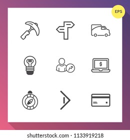 Modern, simple vector icon set on gradient background with laptop, business, traffic, arrow, money, truck, street, industry, vehicle, lamp, electricity, choice, compass, heavy, north, card, road icons