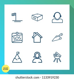 Modern, simple vector icon set on gradient background with drawer, sos, headset, young, equipment, business, landscape, cortes, mexico, customer, team, view, shovel, beach, cooking, sea, cabinet icons