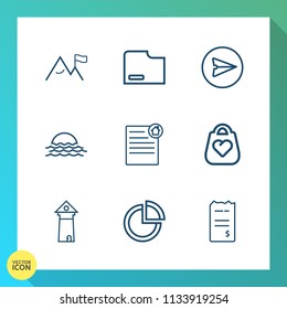 Modern, simple vector icon set on gradient background with presentation, bill, famous, financial, morning, finance, sunrise, leather, bag, rock, contract, fashion, estate, landmark, email, white icons