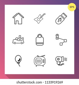 Modern, simple vector icon set on gradient background with bag, data, tv, architecture, leather, map, shipping, balloon, property, construction, modern, house, rock, fan, antenna, object, home icons