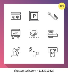 Modern, simple vector icon set on gradient background with tape, map, street, point, fishing, fish, transportation, chart, white, old, space, vehicle, hook, communication, audio, sea, food, air icons