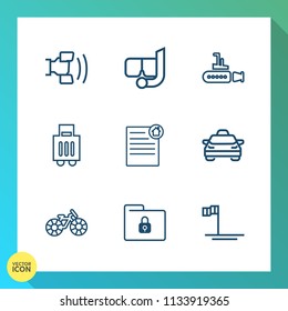 Modern, simple vector icon set on gradient background with sport, ocean, luggage, sea, estate, vehicle, taxi, blue, phone, real, mexico, mobile, house, file, cellphone, telephone, security, bag icons