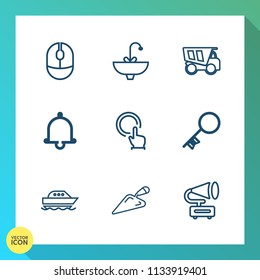 Modern, simple vector icon set on gradient background with yacht, input, optical, boat, key, button, tipper, device, click, bell, truck, security, tap, liquid, heavy, faucet, water, record, sink icons
