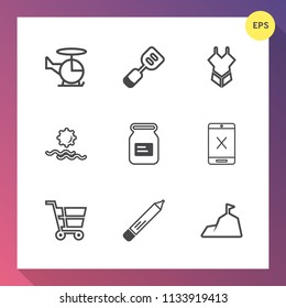 Modern, simple vector icon set on gradient background with landscape, cooking, summer, rescue, sky, sunrise, bikini, shop, sun, fly, transportation, kitchen, chopper, container, fashion, blue icons