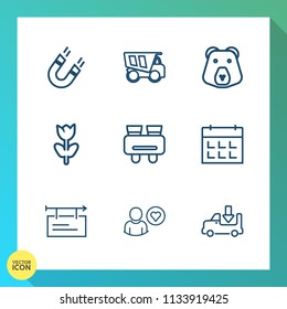 Modern, simple vector icon set on gradient background with wild, field, nature, vision, spring, transportation, magnetic, lorry, tipper, day, education, vehicle, business, floral, attraction icons