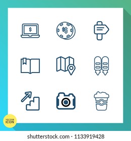 Modern, simple vector icon set on gradient background with luck, leisure, arrow, chance, cafe, travel, business, way, sign, street, monitor, road, drink, upstairs, cup, notebook, choice, laptop icons