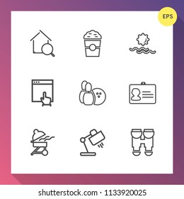 Modern, simple vector icon set on gradient background with estate, click, interior, bowling, restaurant, espresso, online, lamp, id, travel, optical, view, pin, web, sunrise, shop, website, home icons