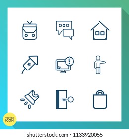 Modern, simple vector icon set on gradient background with fashion, projection, warning, desktop, bubble, architecture, talk, home, bag, accessory, escape, speech, monitor, white, pointing, hand icons