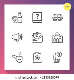 Modern, simple vector icon set on gradient background with retail, winery, beverage, boxing, glove, loudspeaker, lamp, mail, pen, bottle, building, buy, sale, light, loud, envelope, competition icons