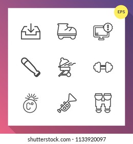 Modern, simple vector icon set on gradient background with cooking, monitor, exercise, trumpet, temperature, young, leisure, female, meat, sign, web, download, bat, roller, fahrenheit, desktop icons