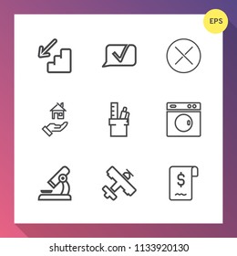 Modern, simple vector icon set on gradient background with biology, real, stairs, airplane, property, stationery, close, message, delete, web, office, machine, flight, travel, estate, home, sign icons