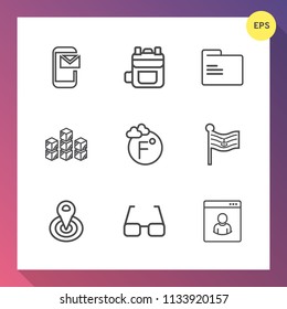 Modern, simple vector icon set on gradient background with email, eyeglasses, file, blank, thermometer, fahrenheit, contact, flag, back, open, nation, industrial, eye, fashion, communication icons