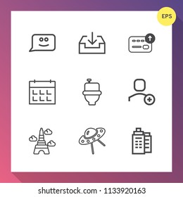 Modern, simple vector icon set on gradient background with ufo, calendar, schedule, house, happy, emotion, coin, arrow, building, website, paris, france, smile, day, spacecraft, tower, timetable icons