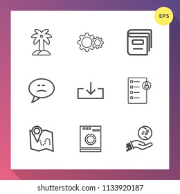 Modern, simple vector icon set on gradient background with leaf, speech, download, money, summer, washer, textbook, dollar, location, graphic, dialog, chat, communication, human, finance, sign icons