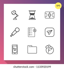 Modern, simple vector icon set on gradient background with interior, technology, lamp, mic, mobile, blank, document, message, hour, phone, electric, checklist, email, light, stadium, karaoke icons