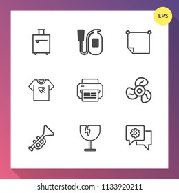 Modern, simple vector icon set on gradient background with trip, paper, suitcase, equipment, shattered, baggage, glass, communication, extinguisher, musical, fan, luggage, mobile, air, note, bag icons