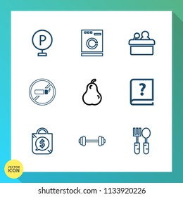 Modern, simple vector icon set on gradient background with washer, sign, vehicle, urban, housework, automobile, dinner, gym, price, meeting, food, tag, spoon, bag, graphic, pear, workout, street icons