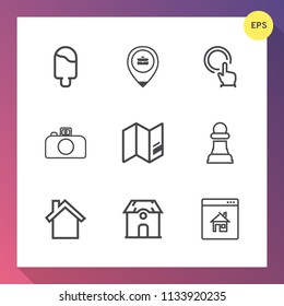 Modern, simple vector icon set on gradient background with mobile, hand, strategy, architecture, ice, chess, building, camera, photography, cone, dessert, press, estate, cream, game, map, summer icons