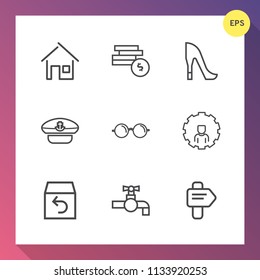 Modern, simple vector icon set on gradient background with bank, fashion, modern, property, box, sink, tap, optical, eyeglasses, water, arrow, sailor, house, architecture, delivery, direction icons