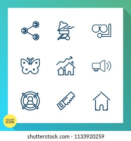 Modern, simple vector icon set on gradient background with fire, customer, barbecue, construction, concept, media, cooking, increase, food, technology, meat, estate, saw, share, architecture icons