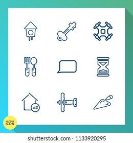 Modern, simple vector icon set on gradient background with aerial, helicopter, speech, construction, estate, antique, kitchen, bird, plane, box, birdhouse, talk, garden, wooden, old, war, shovel icons