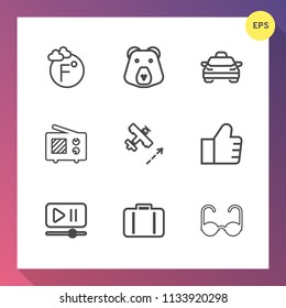 Modern, simple vector icon set on gradient background with sun, car, aircraft, communication, wireless, grizzly, thermometer, bear, luggage, airport, animal, scale, airplane, antenna, sunglasses icons