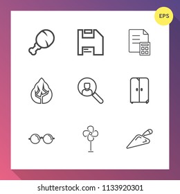 Modern, simple vector icon set on gradient background with interior, meat, furniture, forest, disk, environment, eyesight, leg, banking, cupboard, tree, online, computer, fan, chicken, web, home icons