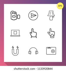 Modern, simple vector icon set on gradient background with field, office, movie, camcorder, message, switch, gesture, touch, film, lamp, folder, smartphone, index, internet, stereo, music, light icons