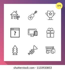 Modern, simple vector icon set on gradient background with trumpet, credit, success, tree, giftbox, sale, box, card, rent, reward, guitar, instrument, buy, forest, home, prize, dump, property icons