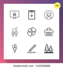 Modern, simple vector icon set on gradient background with download, hand, buy, market, real, lady, face, education, nature, pie, write, young, tree, environment, graph, growth, personal, basket icons