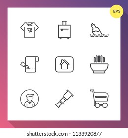 Modern, simple vector icon set on gradient background with print, hot, journey, home, male, poster, trolley, building, buy, market, list, clean, t-shirt, tshirt, bottle, bag, dinner, paper, pen icons