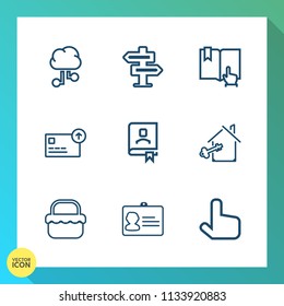 Modern, simple vector icon set on gradient background with identification, communication, cloud, open, technology, contact, dont, room, book, concept, food, currency, sign, click, grass, finance icons