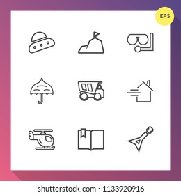 Modern, simple vector icon set on gradient background with mask, house, guitar, science, dump, tipper, ship, protection, sky, spacecraft, book, blue, rent, landscape, white, helicopter, space icons