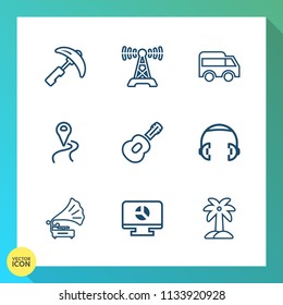Modern, simple vector icon set on gradient background with tropical, car, broadcast, station, navigation, template, picking, heavy, record, musical, building, arrow, location, direction, nature icons