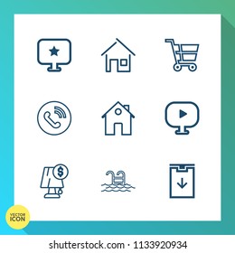 Modern, simple vector icon set on gradient background with electricity, blue, cart, play, water, estate, property, button, building, door, telephone, light, sign, modern, real, swimming, phone icons