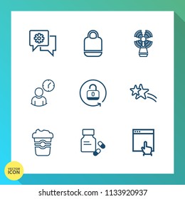 Modern, simple vector icon set on gradient background with coffee, medicine, communication, time, style, click, holiday, mug, white, website, lock, sea, star, seamark, unlock, leather, vitamin icons
