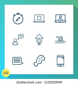 Modern, simple vector icon set on gradient background with touchscreen, swimming, cell, meal, web, profile, video, pool, fast, west, snack, travel, chicken, phone, house, compass, nautical, east icons